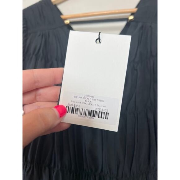 NWT Aje Evelina Ruched Blouson Sleeve V-Neckline Cotton Mini Dress Black Size: 4 - Picture 5 of 8